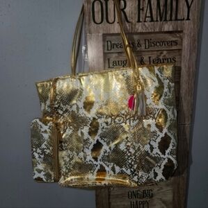 100%real Leather Vintage rare betsey johnson gold snakeskin tote